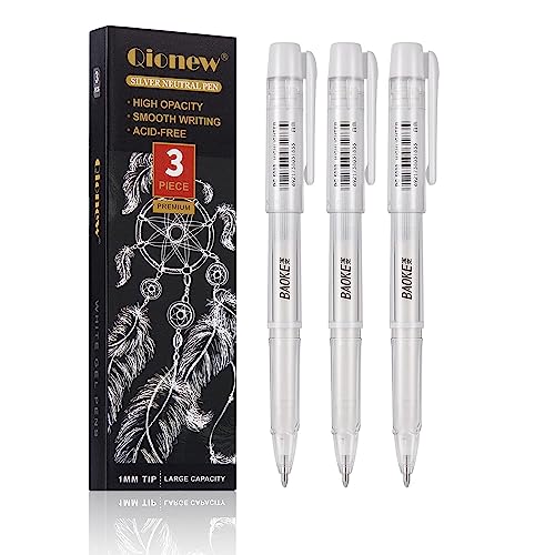Qionew White Gel Pen Set, 3 Pack, 1mm Extra Fine Point Pens Gel Ink Pens Opaque White Archival Ink Pens for Black Paper Drawing, Sketching, Qionew
