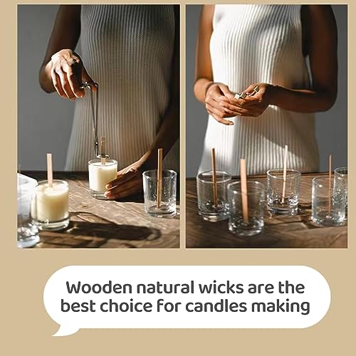 Upgraded 150pcs Wooden Candle Wicks and Stands 5.1 X 0.5 Inch Natural Candle Wood Wicks with Iron Base, Candle Cores for DIY Candle Making Craft Phinicco