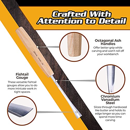 Schaaf Wood Carving Tools Set of 4 | Chisel Set with Canvas Case | Fishtail Gouges to Reach into Spaces Other Chisels Can’t | Razor Sharp CR-V 60 Schaaf Wood Carving Tools