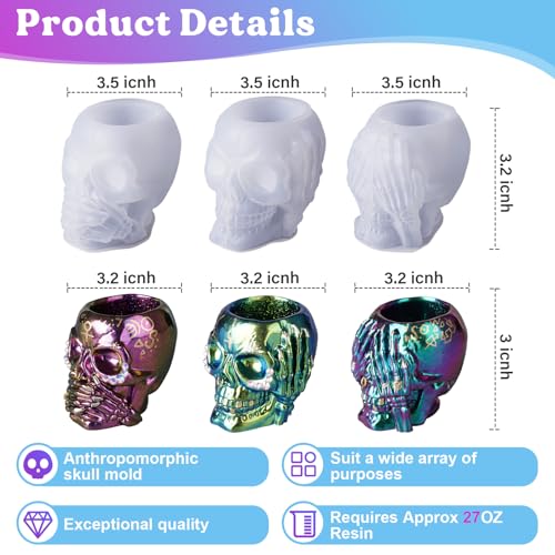 LET'S RESIN Skull Resin Molds, Hear-no, Speak-no, See-no 3 Pcs Skull Silicone Molds for Resin Crafts, Cute Epoxy Resin Molds Silicone for Resin LET'S RESIN