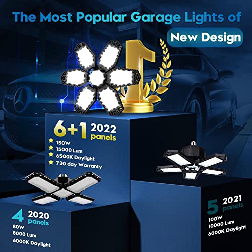 TANBABY 2 Pack LED Garage Lights, 30000LM Deformable Best Garage Light Ceiling LED Shop Lights, 150W E26/E27 LED Light Garage Lighting with 6+1 TANBABY