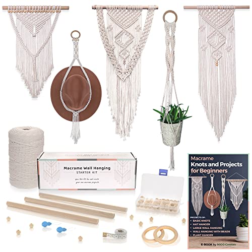 MIGO Creates Macrame Kits for Adults Beginners: DIY Macrame Kit with 220 Yards Macrame Cord and 58pcs Macrame Supplies. E-Book Tutorial for 5 Macrame MIGO Creates