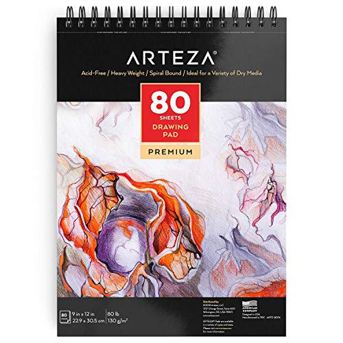 ARTEZA Drawing Paper Pad, 9 x 12 Inches, Pack of 1, 80 Pages, Spiral-Bound Sketch Book, Drawing Journal with Durable 80-lb Paper Sheets, Art Supplies ARTEZA