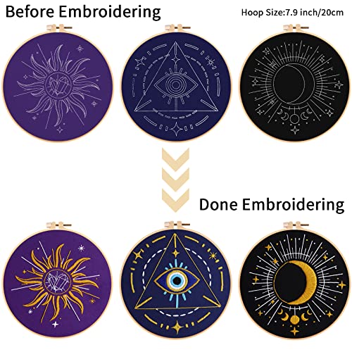 Louise Maelys 3 Set Tarot Embroidery Kits for Beginners with Sun Moon Evil Eye Pattern,Adults Starter Cross Stitch Kit DIY Needlepoint Kits Louise Maelys