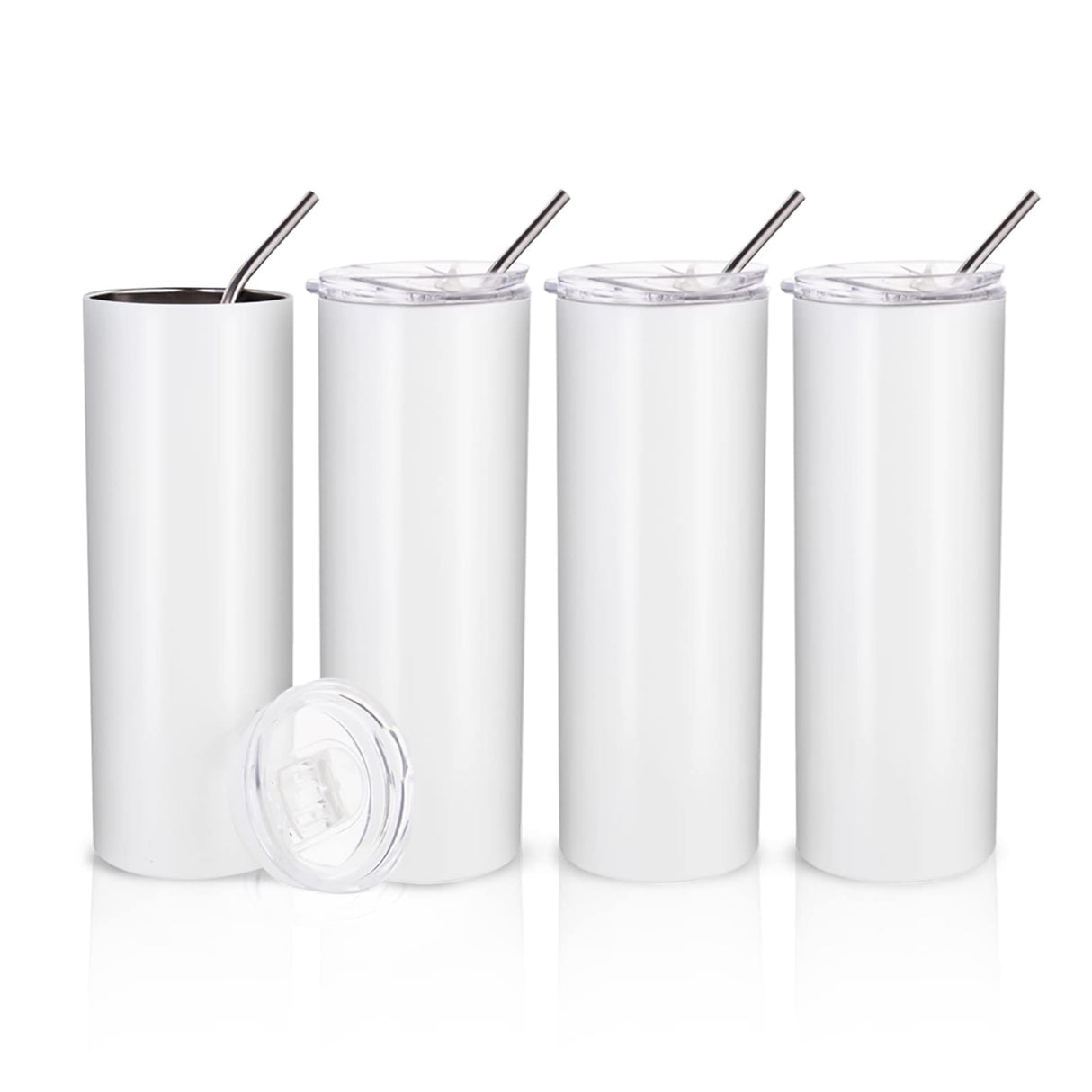 PYD Life Skinny 20 OZ Straight Stainless Steel White Tumbler with Metal Straw for Heat Press Machine Printing 4 Pack PYD Life