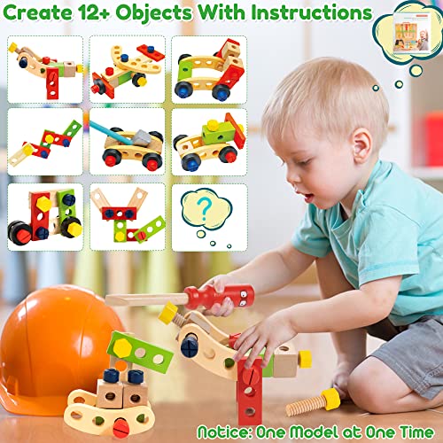 Bravmate Wooden Kids Tool Set - 37 Pcs Montessori Building Kit Toy with Tool Box, STEM Educational Toys for 2 3 4 5 6 Year Old Boys Girls Toddlers, Bravmate