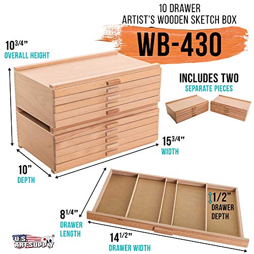U.S. Art Supply 10 Drawer Wood Artist Supply Storage Box - Pastels, Pencils, Pens, Markers, Brushes US Art Supply