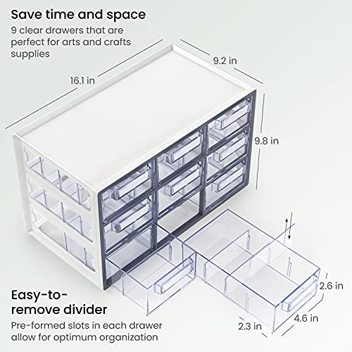 Arteza 9 Drawer Storage Cabinet, 16.1 x 9.3 x 9.8 inches, White, Plastic Drawers with Stoppers, Multi Compartment Organizer for Makeup and Art ARTEZA
