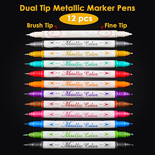 Sunshilor Dual Tip Metallic Marker Pens, Brush and Fine Point Pens for Black Paper, Rock Painting, Easter Egg, Halloween Pumpkin, Card Making, Metal, Sunshilor