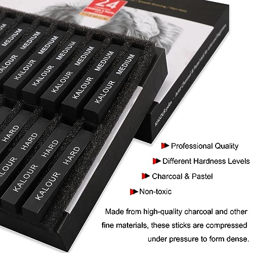 KALOUR 24 Pro Charcoal Drawing Set - Soft,Medium,Hard Charcoal and White Charcoal - Charcol Sticks for Drawing Sketching Shading - Art Supplies Gift KALOUR