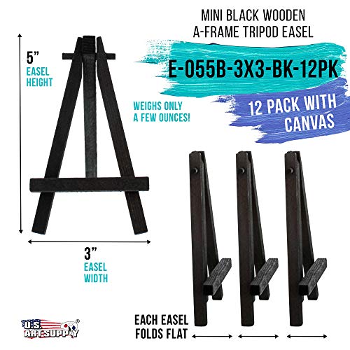 U.S. Art Supply 3" x 3" Stretched Black Canvas with 5" Mini Black Wood Display Easel Kit (Pack of 12), Artist Tripod Tabletop Holder Stand - Painting US Art Supply