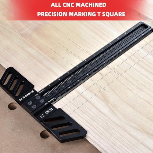 GOINGMAKE Woodworking T-Square 12 Inch Aluminum Alloy T Square Ruler 1/32" Hole Scrbing Guides Positioning Scribe Tool Precision Woodworking Ruler goingmake