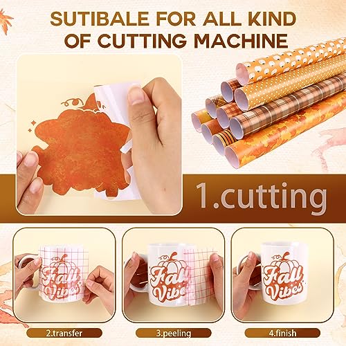 Tintnut Fall Permanent Vinyl - 10 Sheets 12"x10", Orange Autumn Pattern Vinyl Compatible with Cricut Machine, Thanksgiving Patterned Vinyl Sheets for Tintnut