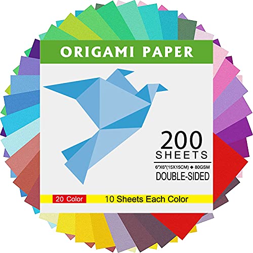 Origami Paper Double Sided Color - 200 Sheets - 20 Colors - 6 Inch Square Easy Fold Paper for Beginner BUBU
