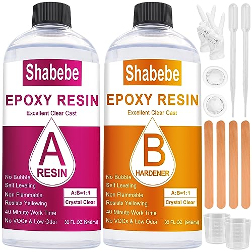 Epoxy Resin, 64OZ Resin Kit, Epoxy Resin Crystal Clear, Not Yellowing and No Bubble Self Leveling Easy Mix 1:1 Casting & Coating for DIY Jewelry Shabebe