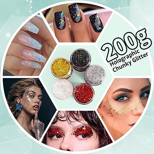 HTVRONT Chunky Glitter for Resin - 200g/7oz Silver Glitter, Designed Shaker Cap Holographic Glitter, Craft Glitter Powder Mixed Chunky Fine Flakes HTVRONT