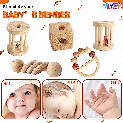 Wooden Baby Toy 8pcs, Montessori Toys for Babies 1-3 Years Old, Wooden Rattles Toy Set for Infant Grasping, Sensory Development, Gift for Baby Boys MLYEY