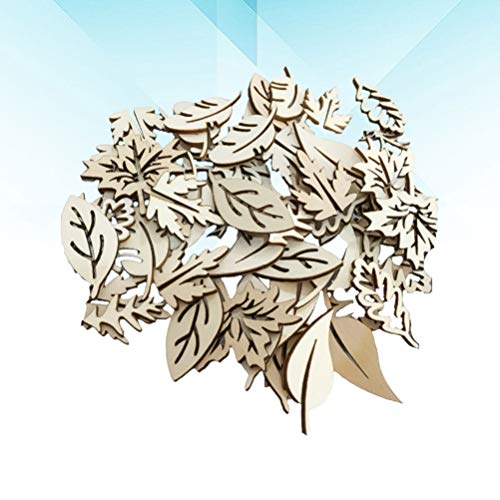 Happyyami 50pcs Wooden Leaves Unfinished Wood Cutouts Wood Shapes Pieces Wood Discs Slices for DIY Craft Wedding Birthday Party Favors Centerpieces Happyyami