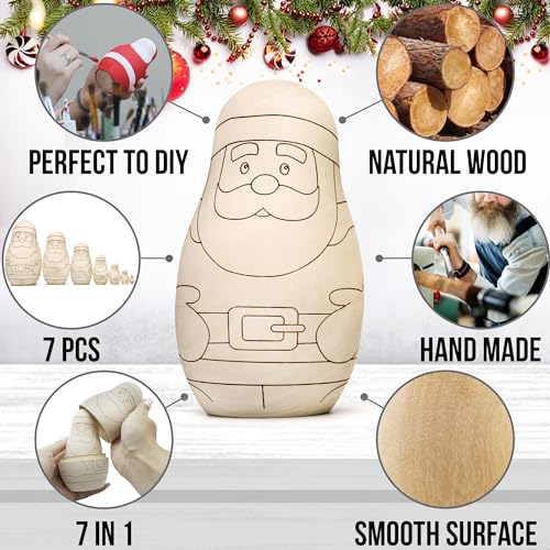 AEVVV Unfinished Christmas Nesting Dolls Blank Set 7 pcs - Christmas Crafts to Paint Your Own Matryoshka Santa Claus - Blank Russian Nesting Dolls AEVVV