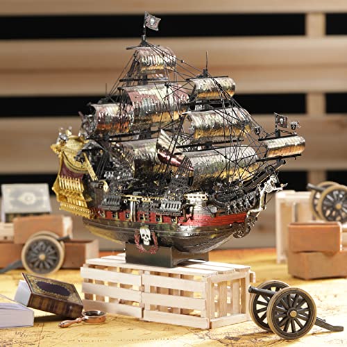 Piececool 3D Metal Puzzles for Adults, The Queen Anne's Revenge Pirate Ship Model Kits with DIY Tools Set, Metal Models Building Craft Kits, Creative Piececool
