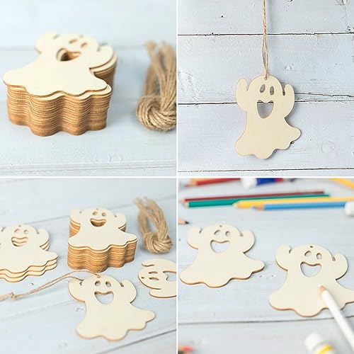 Ghost Wooden Halloween Blank Wood with Twines Art Unfinished Ornaments for Christmas Wedding Birthday Party Halloween Thanksgiving Day Decoration Zontween