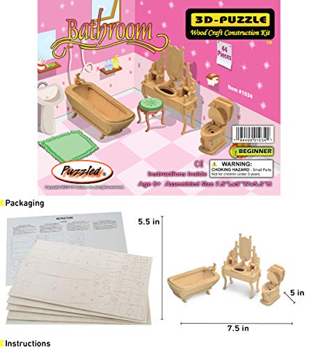Puzzled 3D Puzzle Bathroom Dollhouse Furniture Set Wood Craft Construction Model Kit, Fun & Educational DIY Wooden Toy Assemble Model Unfinished Puzzled