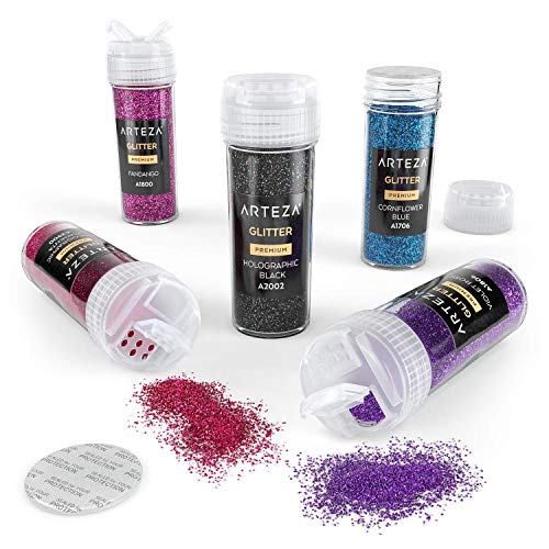 Arteza Fine Glitter, Set of 54 Colors, Shaker Jars (0.34oz/9.6 g) Glow Under UV Black Light, Extra Fine, Art Supplies for DIY Crafts ARTEZA