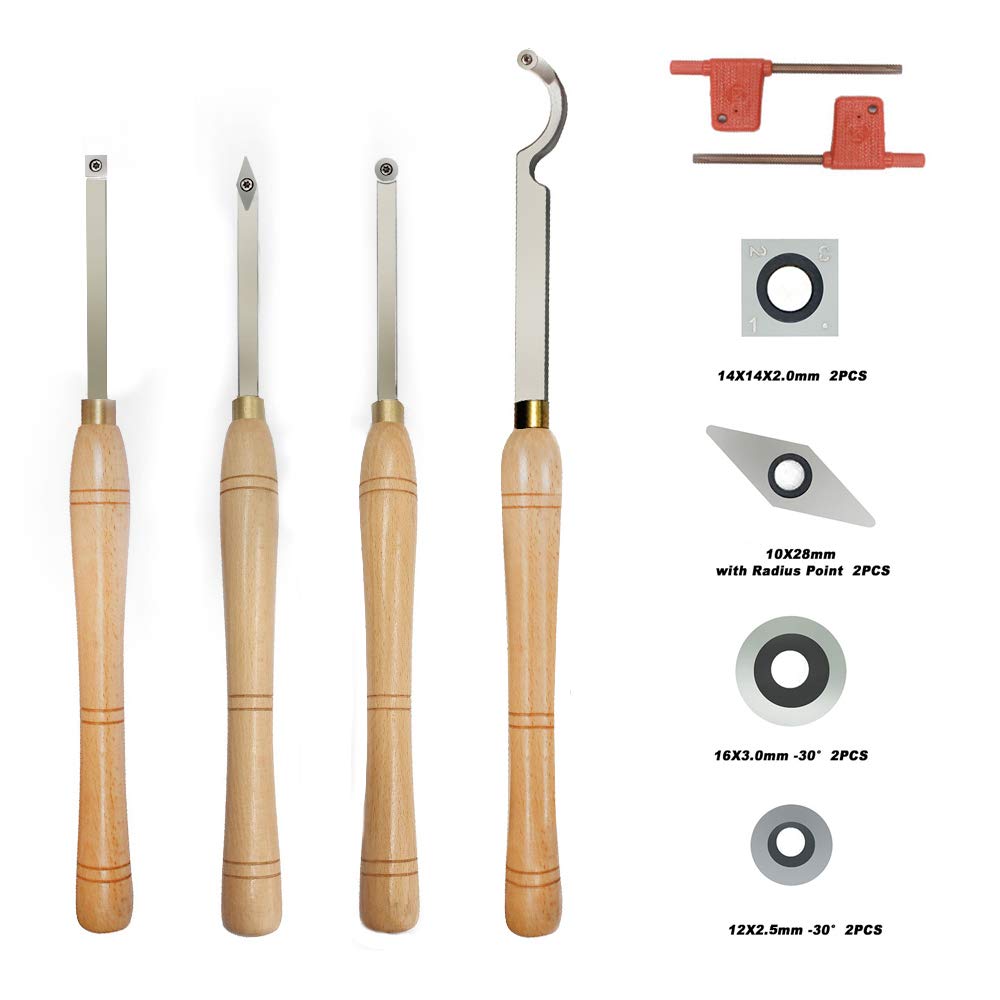 YUFUTOL Carbide Tipped Wood Turning tools Lathe set (Finisher/Rougher/Detailer/Hollower Swan Neck Hollower with Solid Wood Handle)and YUFUTOL