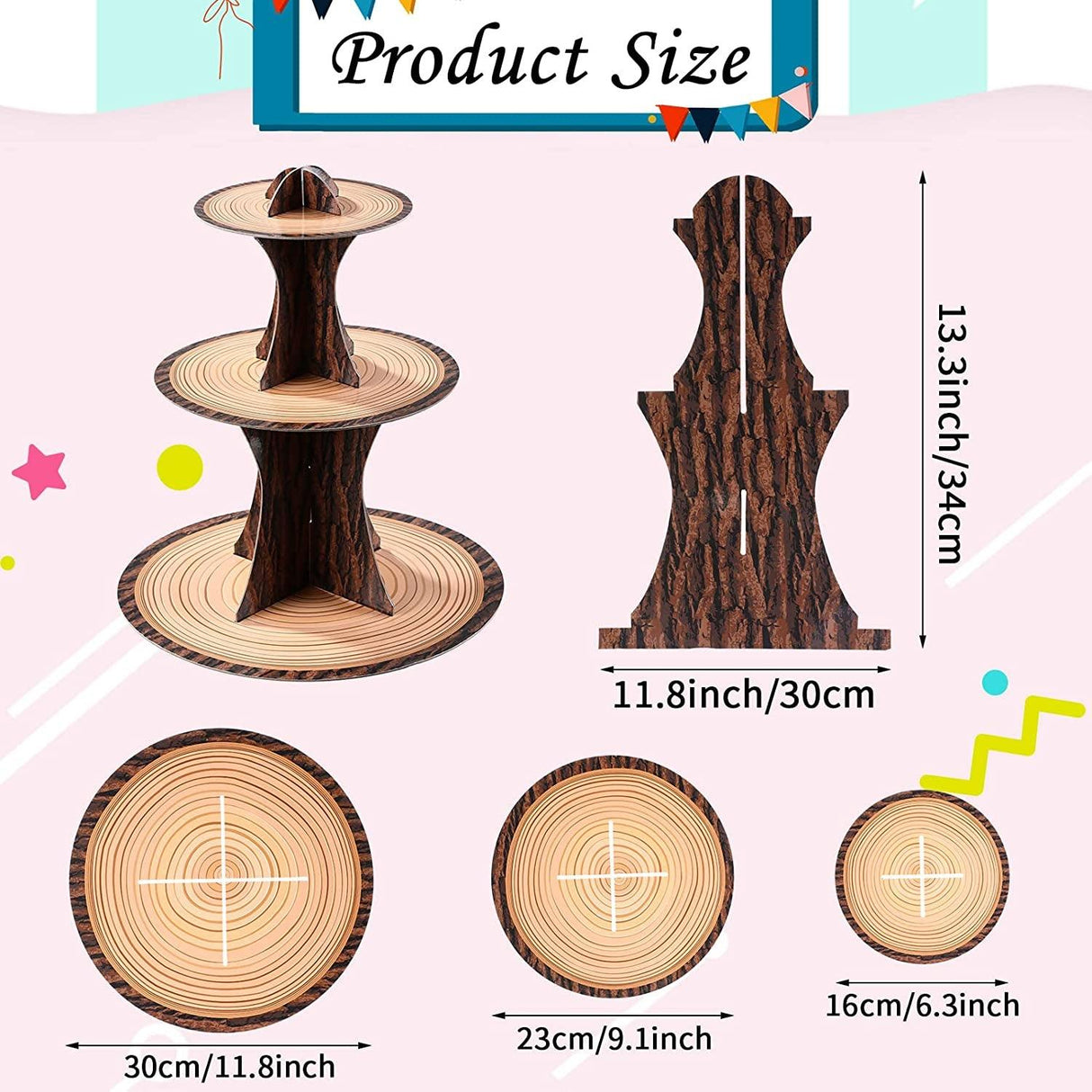 Wood Birthday Party Supplies, 3 Tier Cardboard Wooden Cupcake Stand Tower WoodArtSupply