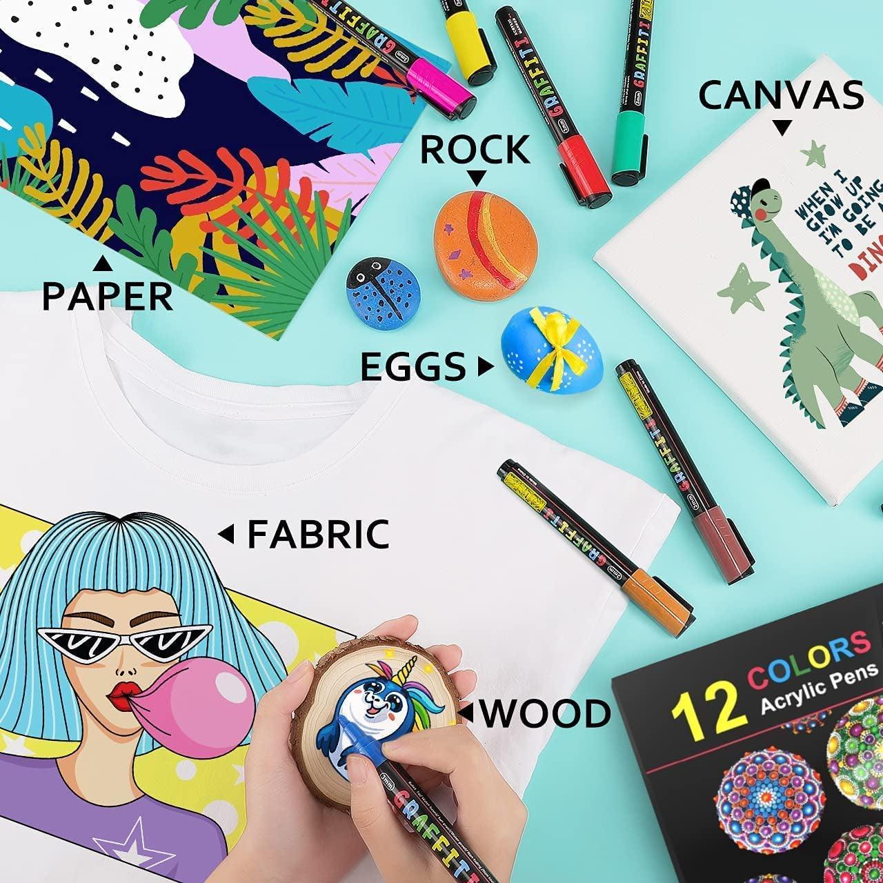 Acrylic Paint Pens, Set of 12 Pcs Paint Markers Pens for Rocks, Craft, Ceramic, Glass, Wood, Fabric, Canvas - WoodArtSupply