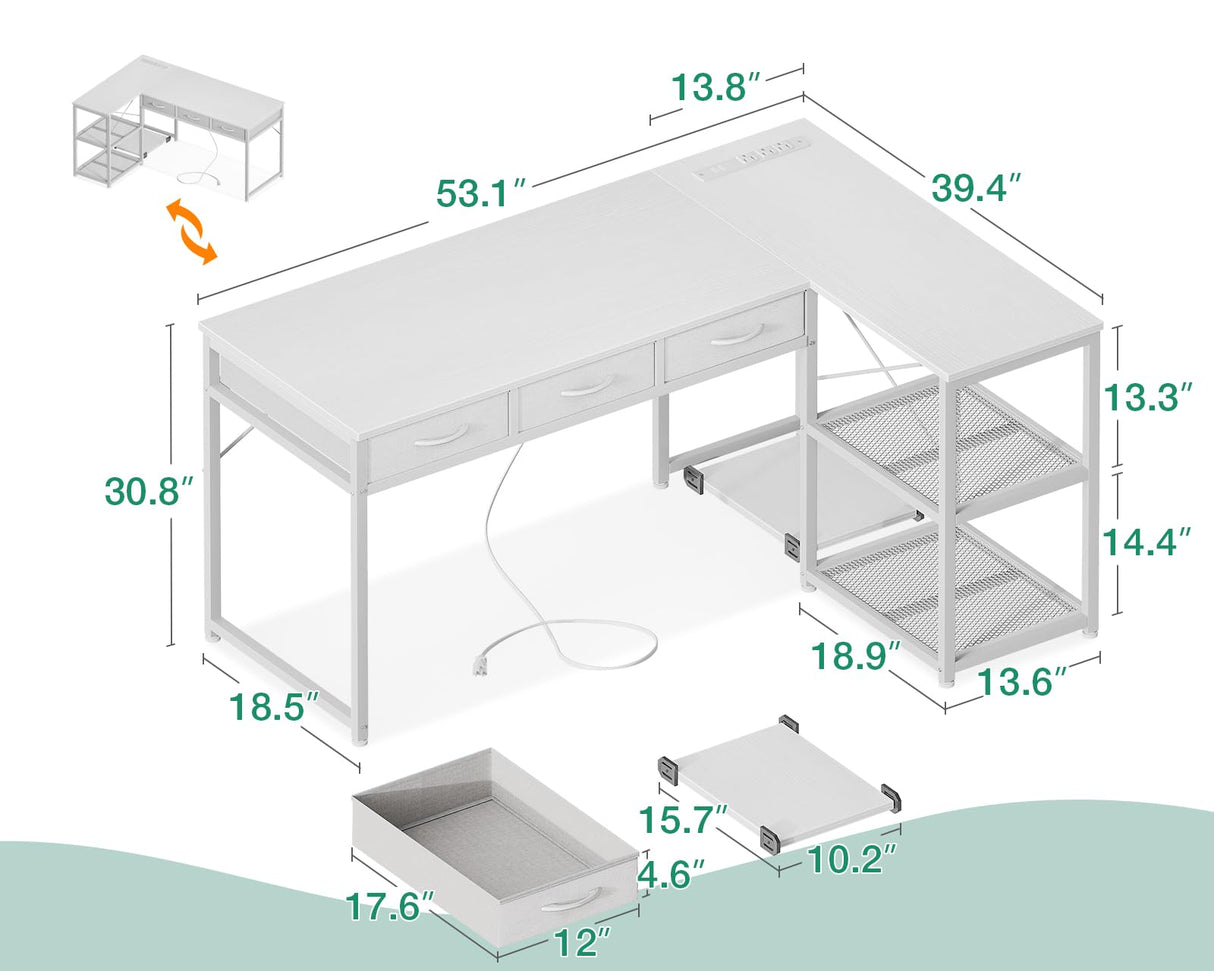 AODK 53 Inch Reversible L Shaped Desk with USB Ports & Fabric Drawers for Home Office & Gaming AODK
