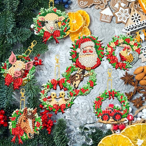 12 Pcs Christmas Diamond Painting Keychains Kit Double Sided DIY Cute Christmas Farm Animals Diamond Painting Keychains for Beginners Adults Art Demonwer