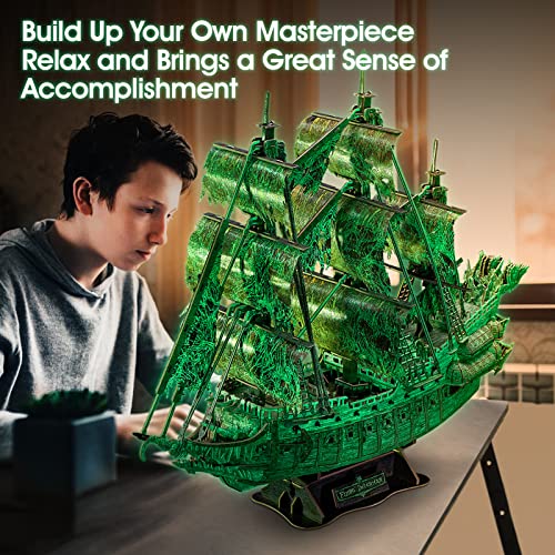 3D Puzzles for Adults Glow in The Dark The Flying Dutchman Luminous Haunted Pirate Ship Arts for Adults Model Kits Ghost Ship Gifts for Men Women, CubicFun