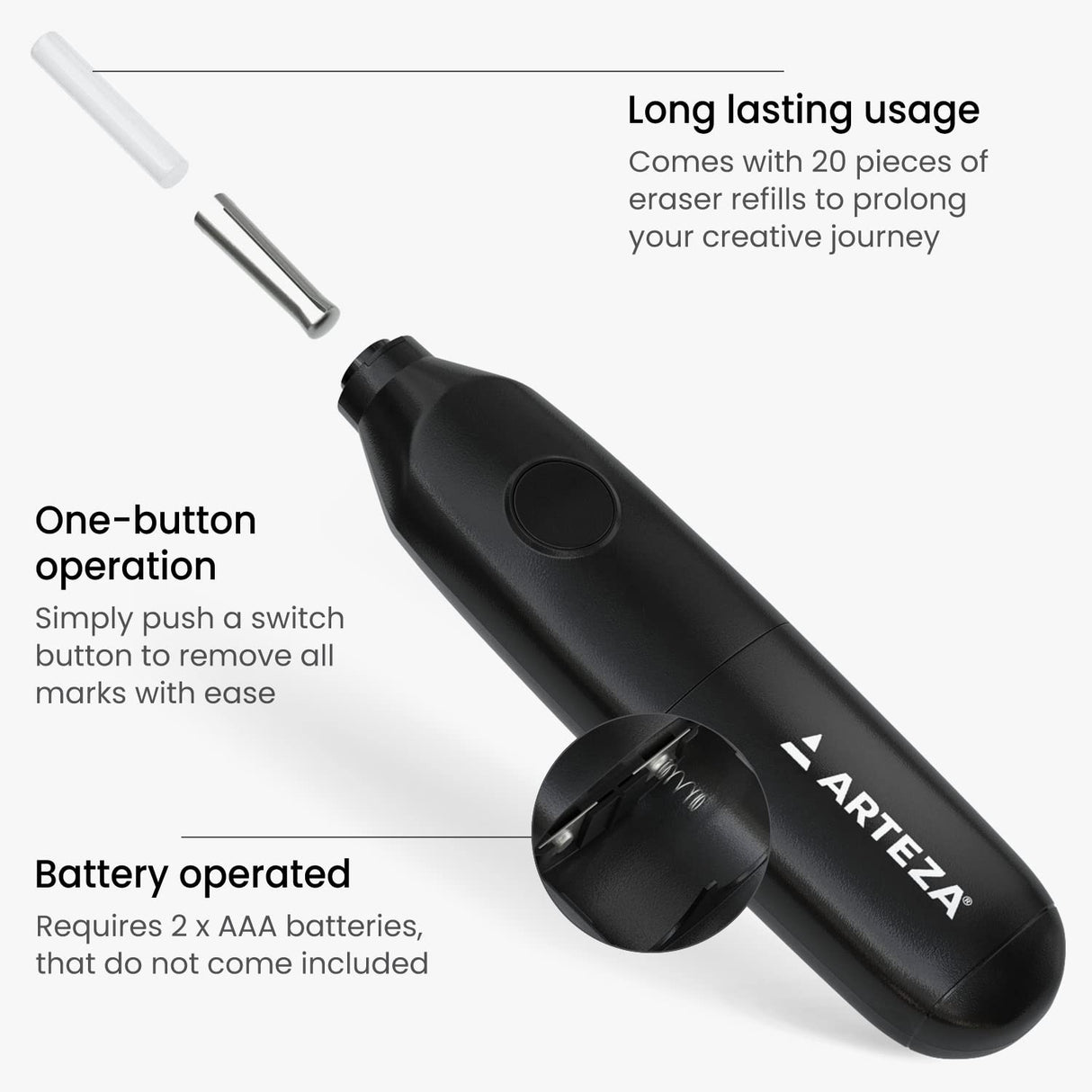 Arteza Pencil Sharpener and Electric Eraser Set, Black, for 8-mm Pencils, 20 Eraser Refills, Office Supplies for Teachers, Students, Classrooms, and ARTEZA