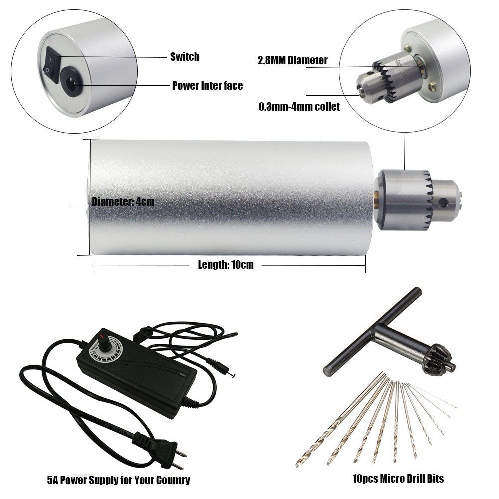 Yakamoz 0.3mm - 4mm Adjustable Micro Mini Electric Hand Drill Aluminum Portable Handheld Drill for DIY PCB with 5A DC5V-12V Power Supply Control | YAKAMOZ