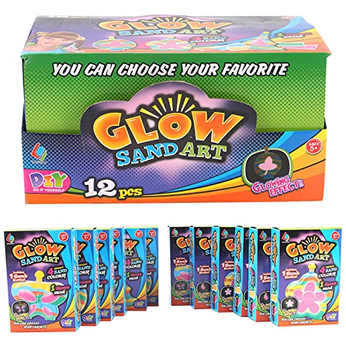 12 Pack Create Your Own Magic Sand Art Glitter Activity | Glow in the Dark Colored Custom Sand Kits for Kids - Includes 12 Bottles, Funnels, Sticks, Liberty Imports