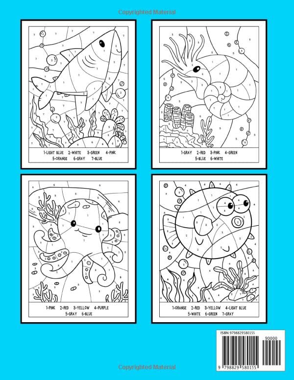 Sea Creatures Color By Number: 50 Big and Easy Ocean Animal Themed Coloring Pages of Turtle, Shark, Whale, Dolphin & Many More for Kids, Boys, Girls WoodArtSupply