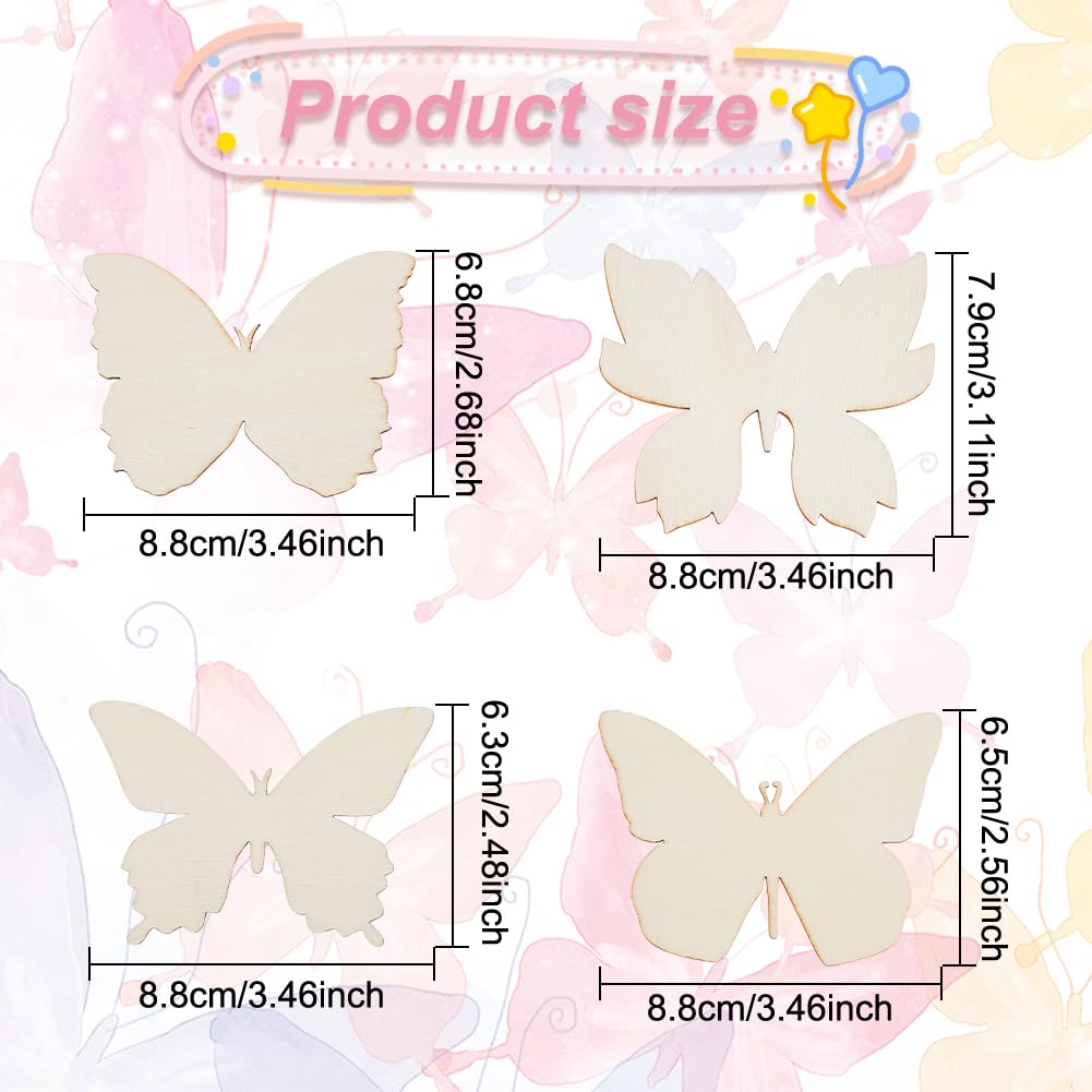 GOMAKERER 48 Pcs Wooden Butterfly Cutouts, 4 Styles Natural Unfinished Butterfly Slices Blank Butterfly Shaped Wood Cutouts Wooden Butterfly GOMAKERER
