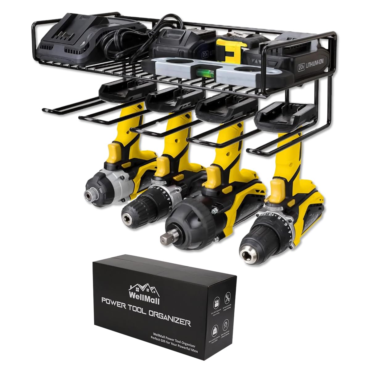 WellMall Heavy Duty Tool Organizer, 16"W x 7.48"H x 5.51"D, 4 Wall Mount Anchors, 3.95" Between Slots, Sturdy Steel Construction, Ideal for Power WellMall