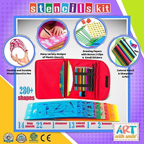 Drawing Stencils for Kids Kit & Carry Case – – Child-Safe, Non-Toxic Stencil Set with 300 Shapes, Colored Pencils, Paper, Etc. – Travel Art Supplies Art with smile