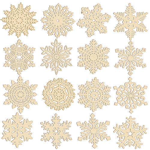 32 Set Christmas Hanging Natural Unfinished Wood Snowflake Cutouts Ornaments Ready-to-Personalize Wood Snowflake Rustic Winter Paintable Wooden Winlyn