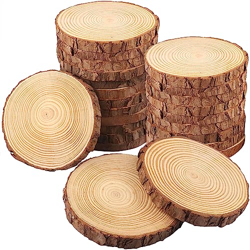 24 PCS 5.5-6.3 Inch Natural Wood Slices, Unfinished Pine Wood Circles with Barks for Coasters, DIY Crafts, Christmas Rustic Wedding Ornaments and GNIEMCKIN