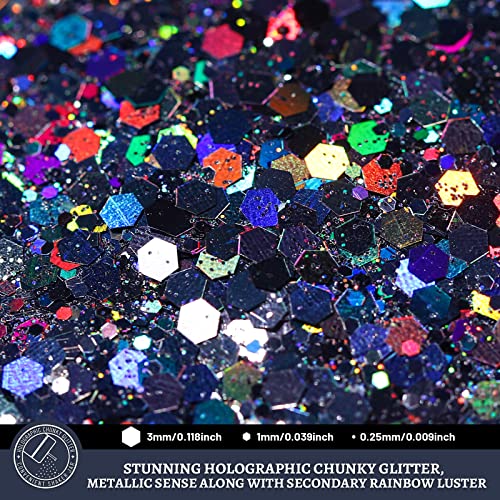 LEOBRO Black Glitter, Holographic Chunky Glitter, 160G/5.64OZ Glitter, Craft Glitter for Resin, Metallic Iridescent Chunky Fine Glitter Sequin Flake LEOBRO
