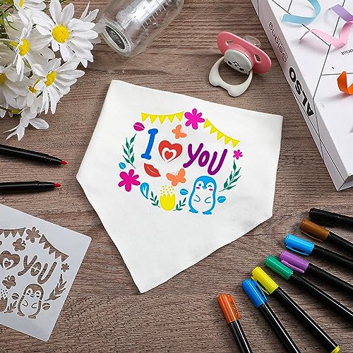 Jutom 38 Pcs DIY Baby Bibs Decorating Sets Includes 14 White Baby Bibs 10 Fabric Paint Markers 14 Stencils, 2 Ply Cotton Drool Bibs Plain Baby Shower Jutom