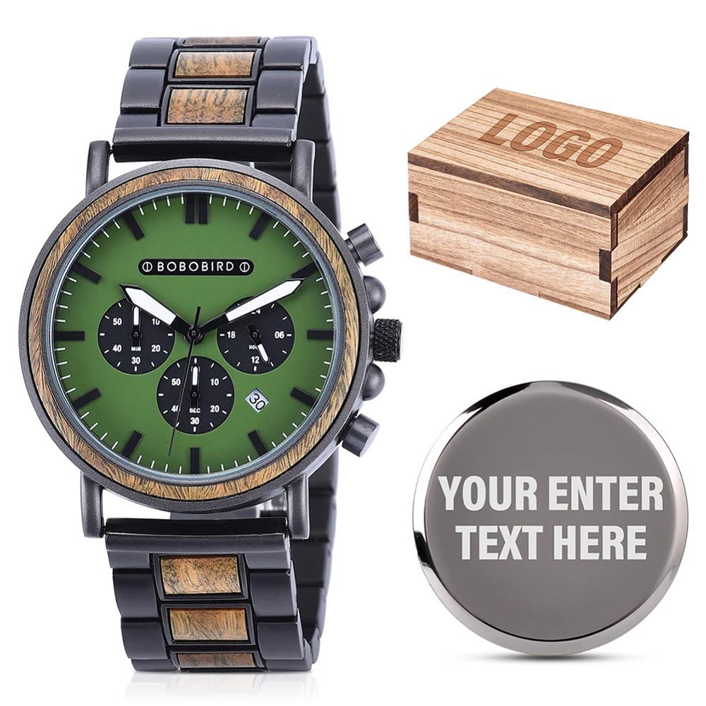 2win Engraved Wooden Watch Stylish Green Dial Design Personalized Wood Watches for Men Husband Boyfriend Fiancé Dad Customized Anniversary Birthday 2win