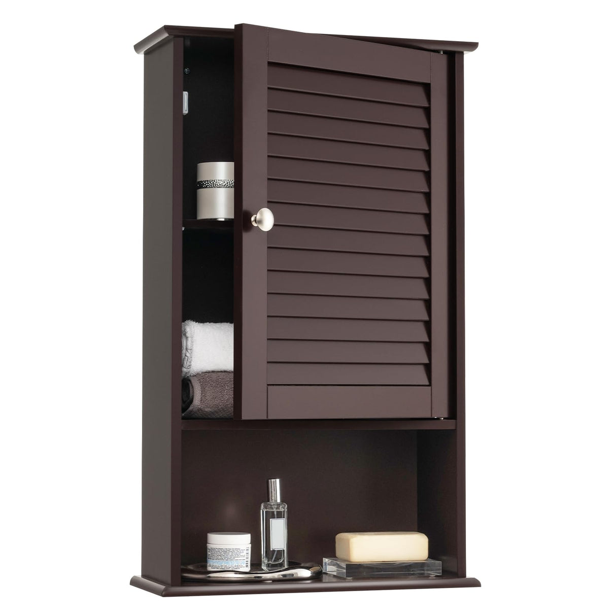 Tangkula Medicine Cabinet, Wall Mounted Bathroom Cabinet Single Door Wooden Bathroom Wall Cabinet with Adjustable Shelf (Brown) Tangkula