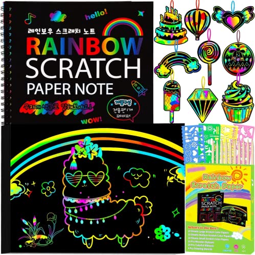 50 Piece Rainbow Scratch Paper - 5 Wooden Styluses Included - 4 Drawing  Stencils-Create Rainbow Scratch Paper Art with This Jumbo Craft Pack