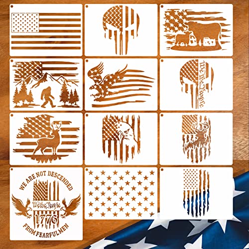 12pcs American Flag Stencil Star Stencils for Painting Union 50 Stars 1776 Military We The People Template for Flag Patriotic Wood Burning Stencils Pkqon