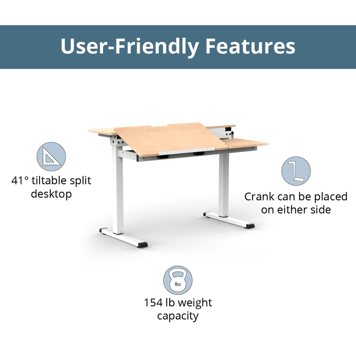 Stand Up Desk Store 48" Crank Adjustable Height Split Level Drafting Table Ergonomic Desk with Monitor Shelf (White/Birch) S Stand Up Desk Store