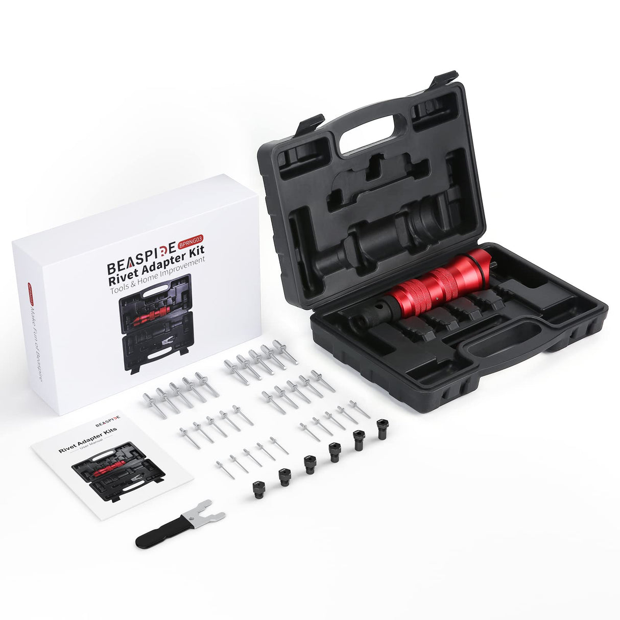 Beaspire Cordless Rivet Gun Adapter - Electric Rivet Drill Adapter Kit 2.4mm-6.4mm, Rivet Gun Kit with 6 Interchangeable Rivet Heads and 30 Blind Beaspire